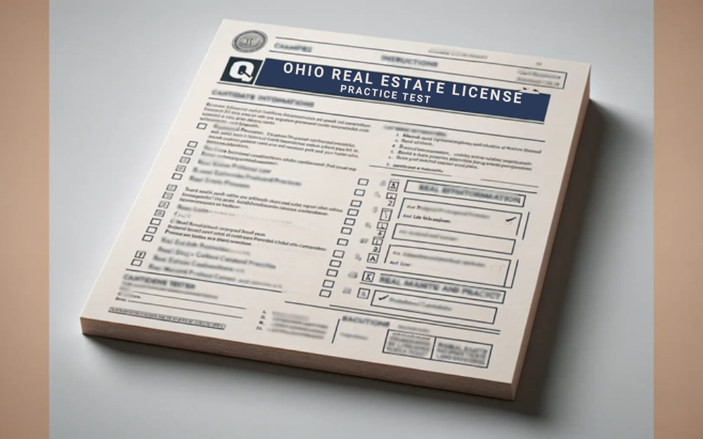 A thick pile of paper showing a sample practice text for the Ohio real estate license exam.